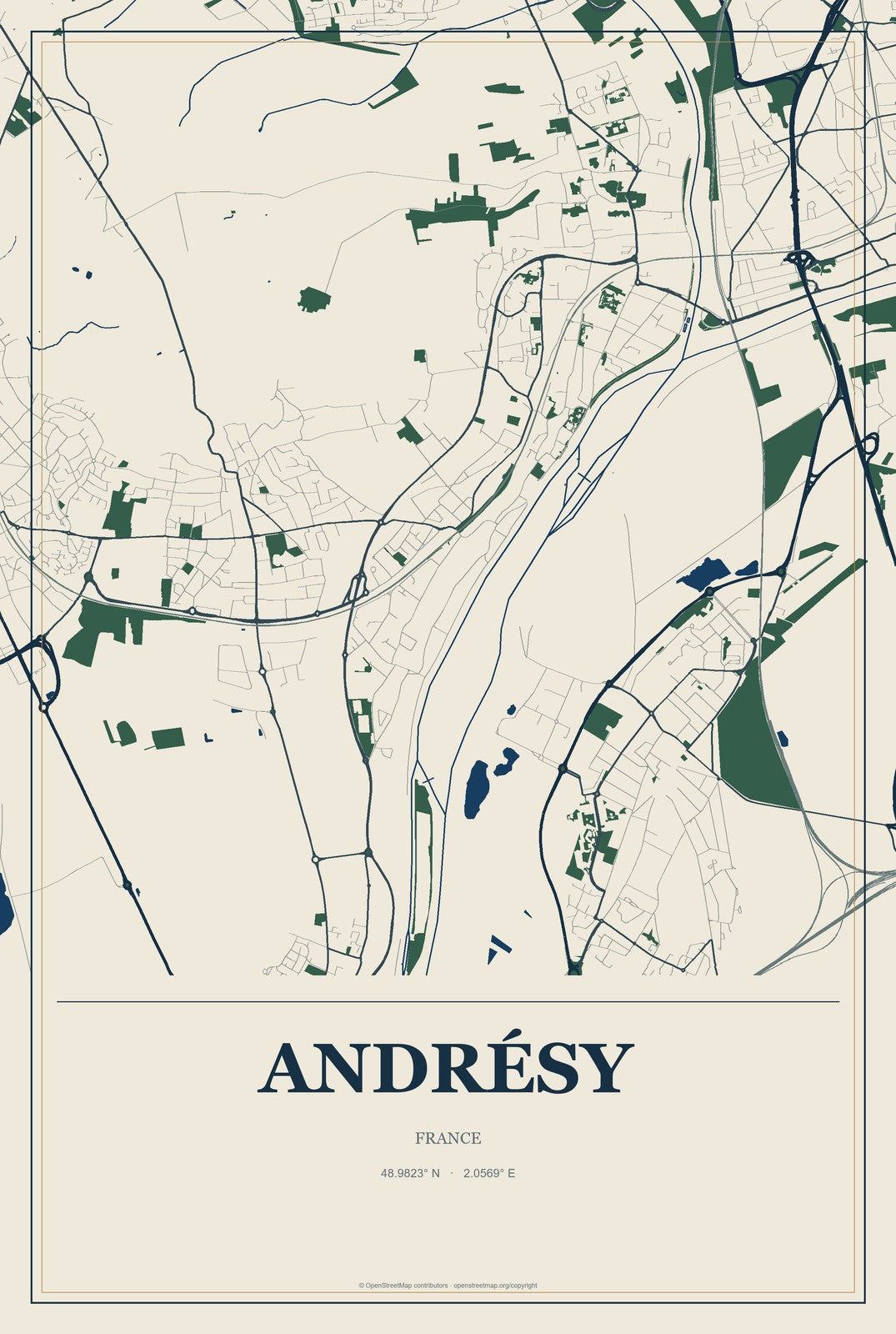 Andrésy, France City Map Aluminum Sign in Coastal Cutout style