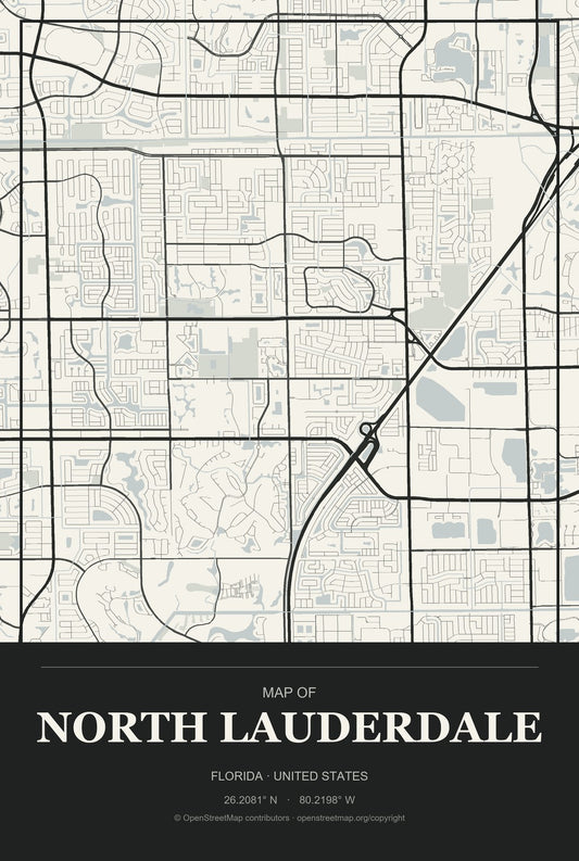 North Lauderdale, Florida City Map Aluminum Sign in Museum Plaque style