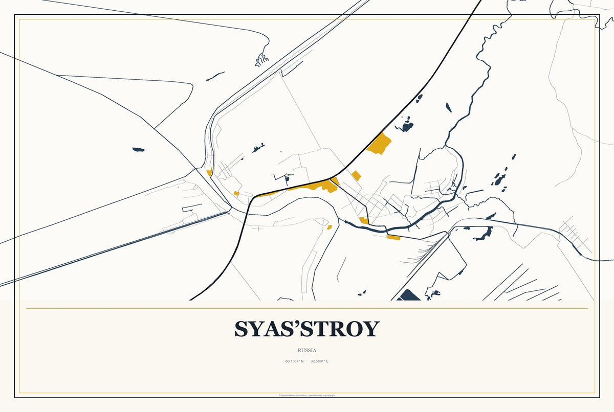 Syas’stroy, Russia City Map Aluminum Sign in Citrine Modern style