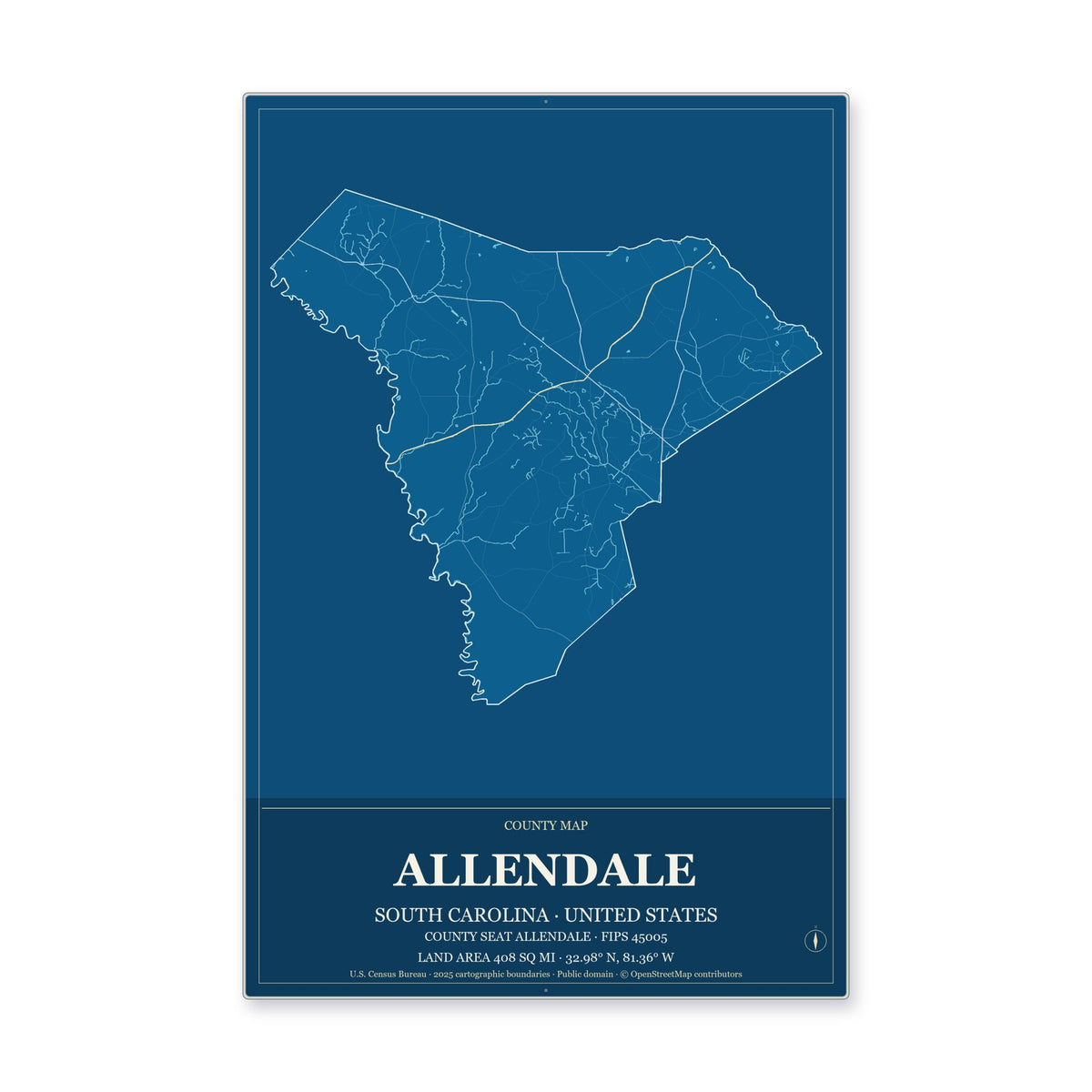 Allendale County, South Carolina Map Aluminum Sign in Harbor Cobalt style