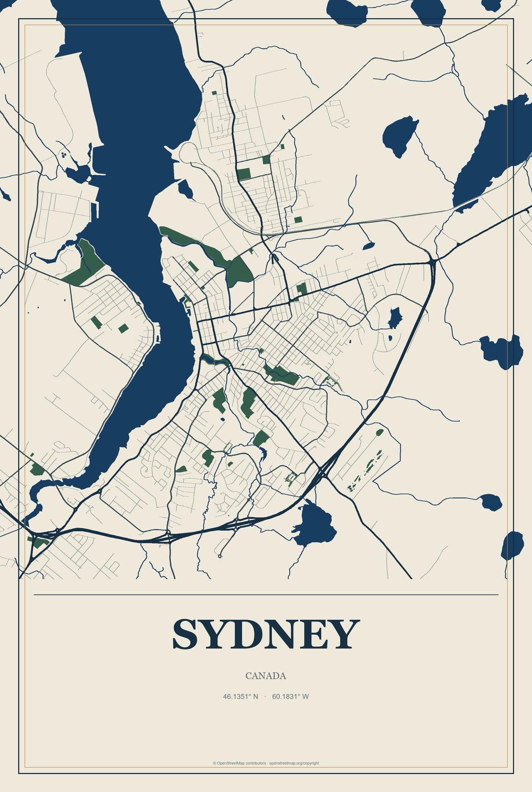 Sydney, Canada City Map Aluminum Sign in Coastal Cutout style