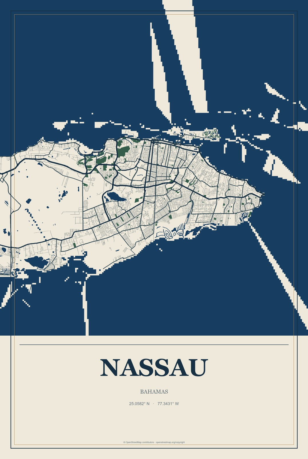 Nassau, Bahamas City Map Aluminum Sign in Coastal Cutout style
