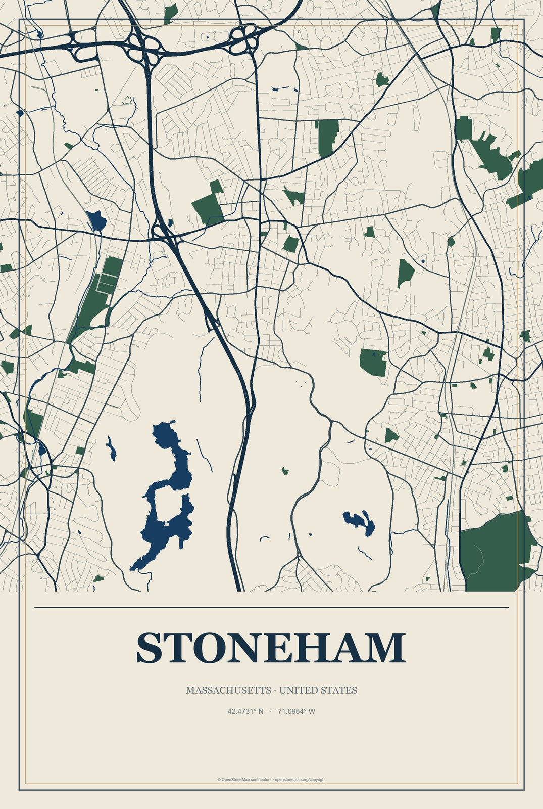 Stoneham, Massachusetts City Map Aluminum Sign in Coastal Cutout style