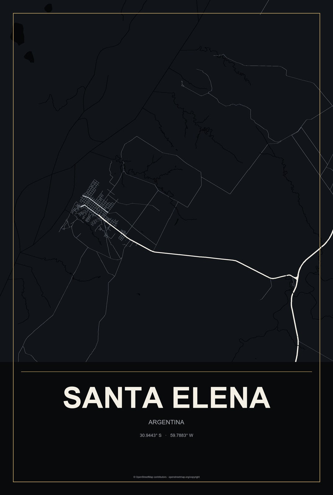 Santa Elena, Argentina City Map Aluminum Sign in Metropolitan Noir style