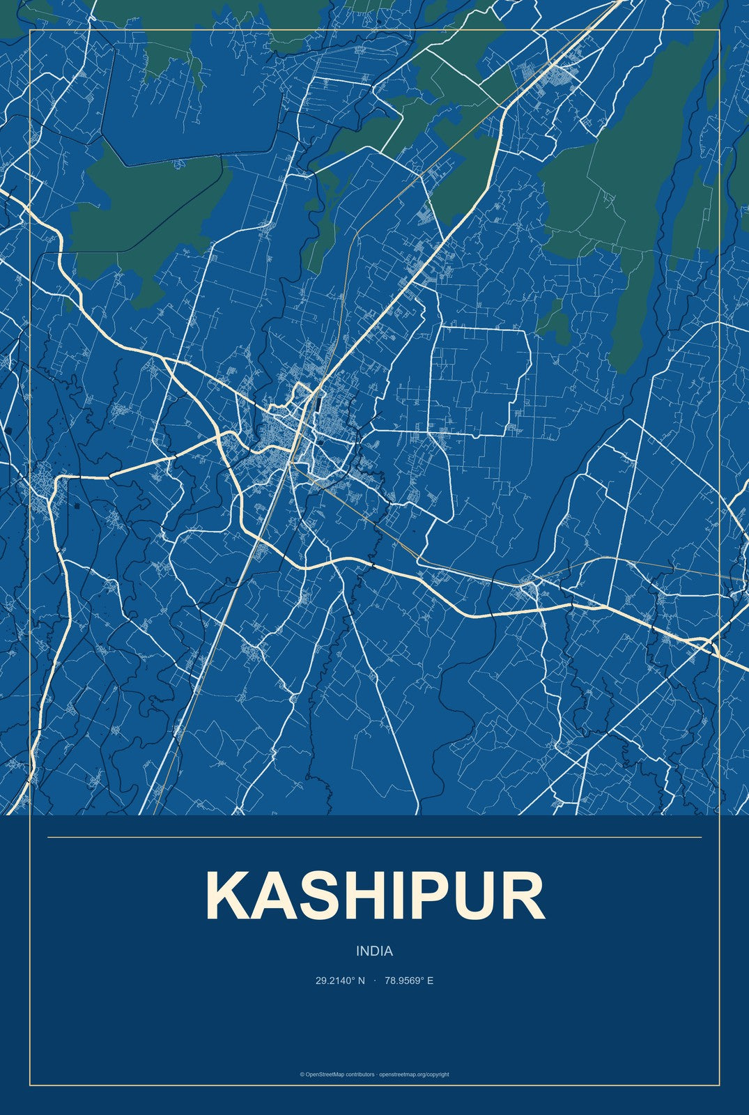 Kashipur, India City Map Aluminum Sign in Harbor Cobalt style