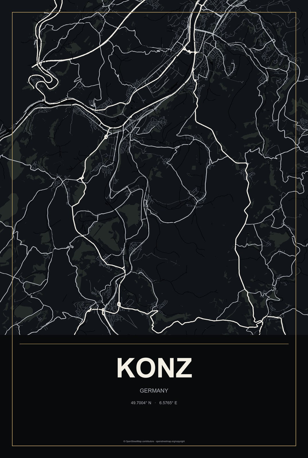Konz, Germany City Map Aluminum Sign in Metropolitan Noir style