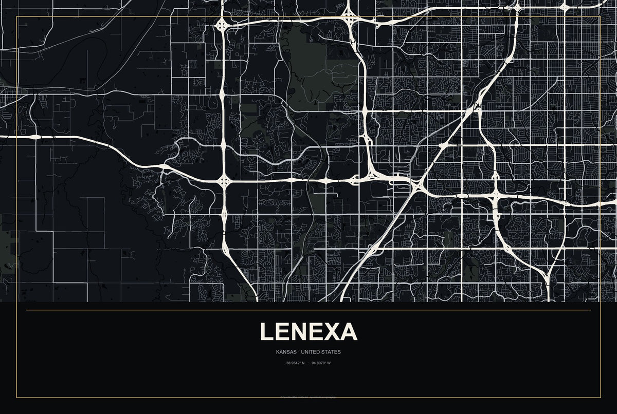 Lenexa, Kansas City Map Aluminum Sign in Metropolitan Noir style