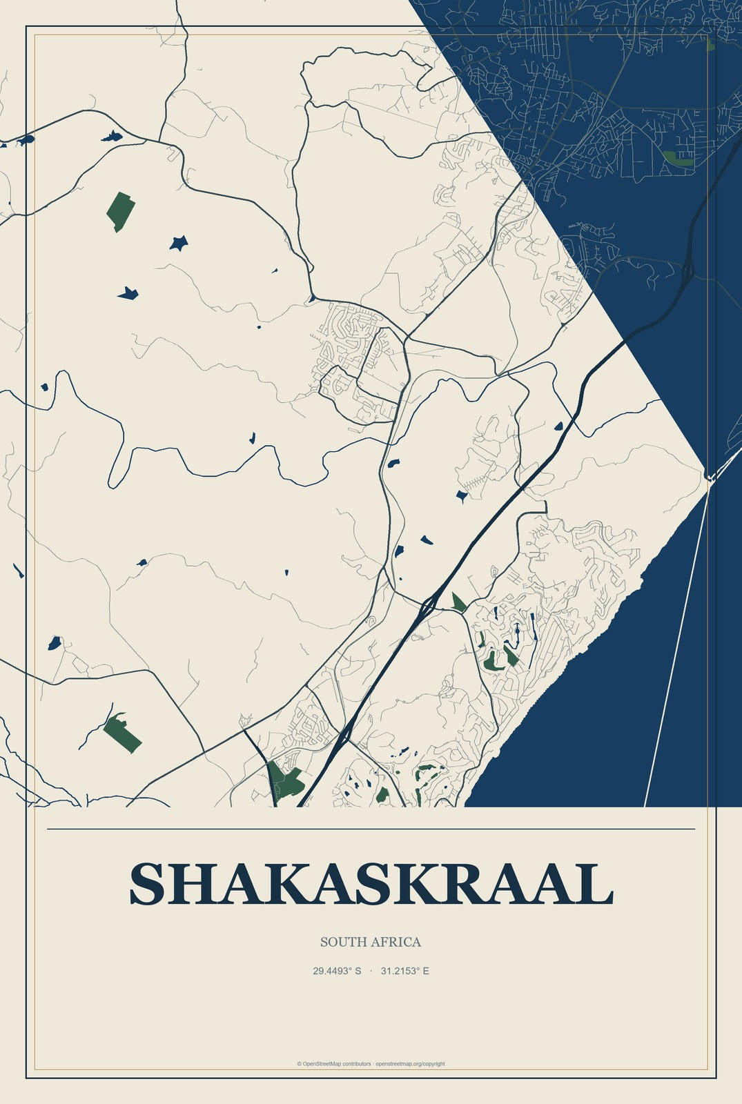 Shakaskraal, South Africa City Map Aluminum Sign in Coastal Cutout style