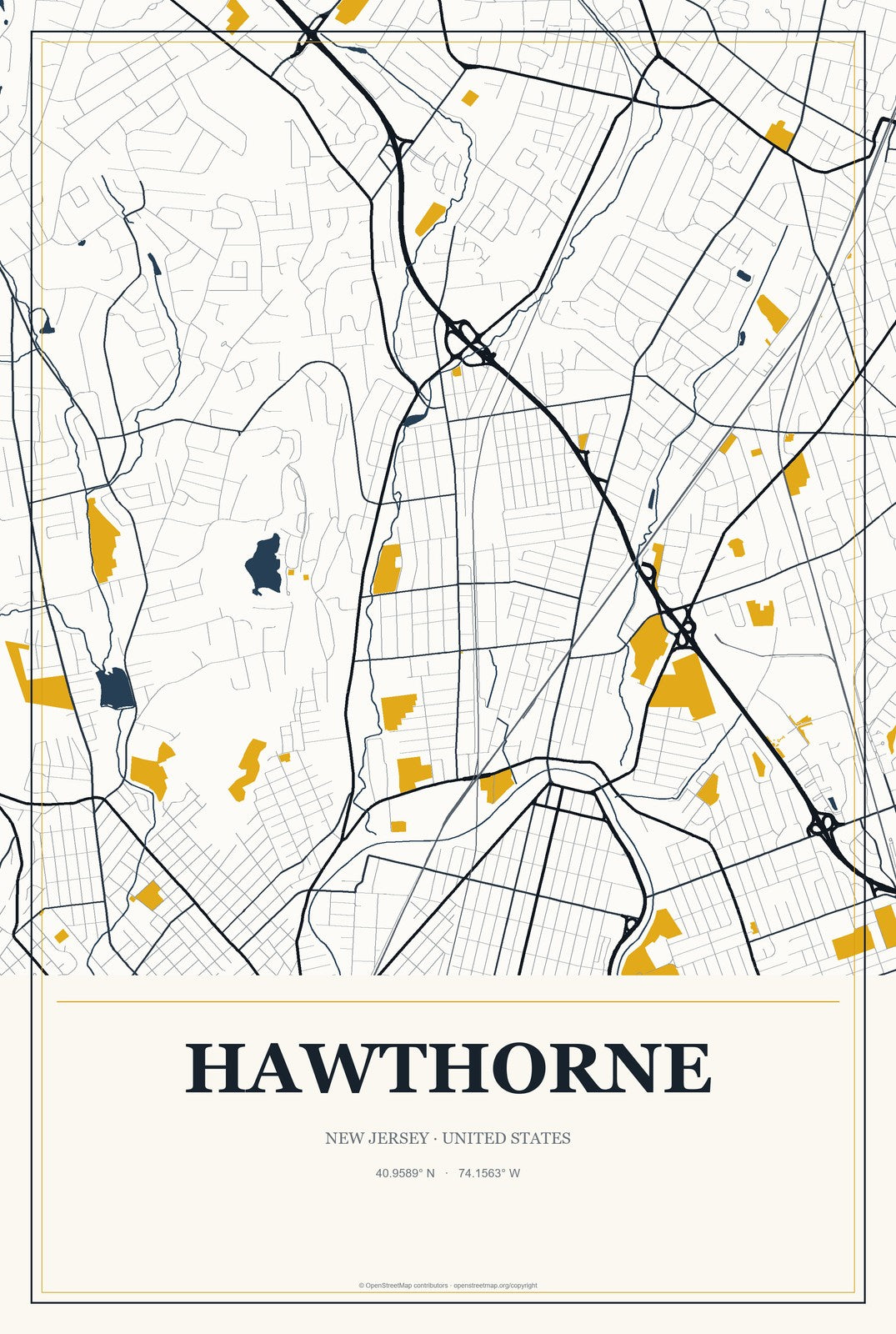 Hawthorne, New Jersey City Map Aluminum Sign in Citrine Modern style
