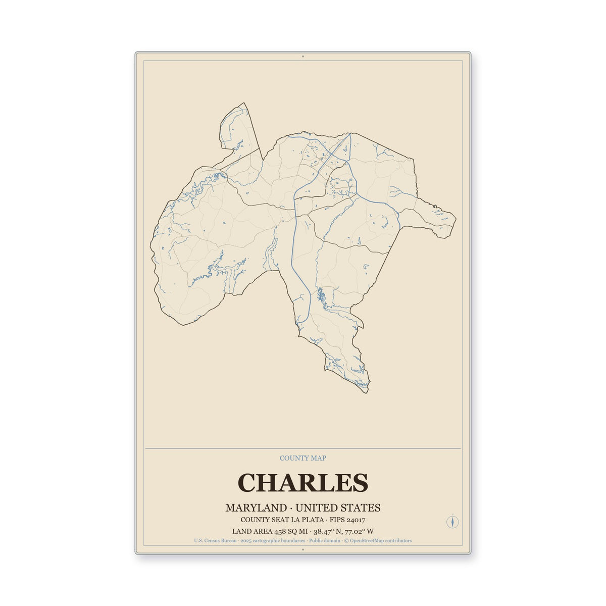 Charles County, Maryland Map Aluminum Sign in Heritage Nautical style