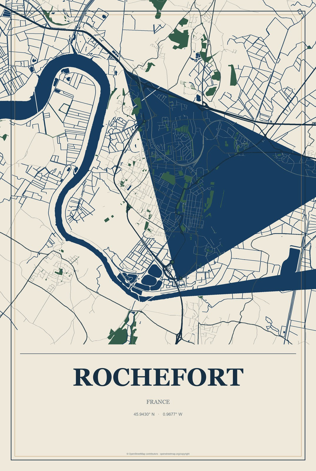 Rochefort, France City Map Aluminum Sign in Coastal Cutout style