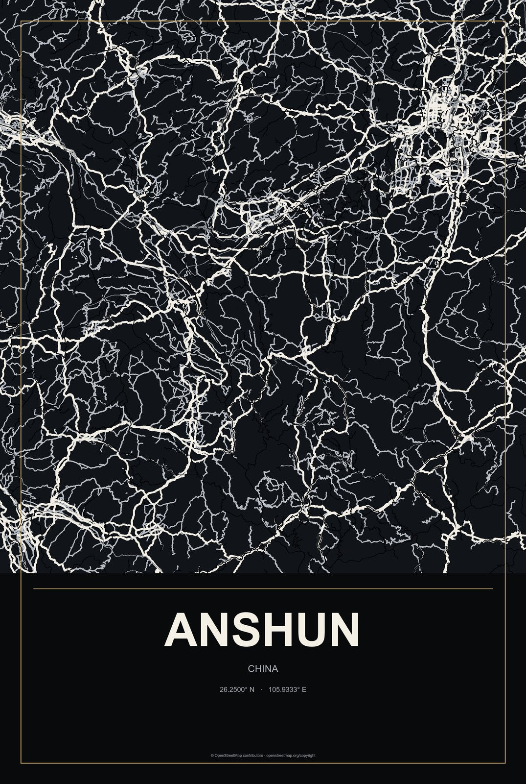 Anshun, China City Map Aluminum Sign in Metropolitan Noir style