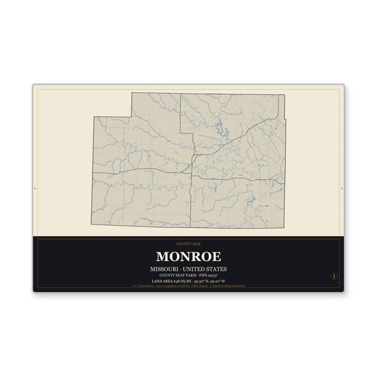 Monroe County, Missouri Map Aluminum Sign in Museum Plaque style