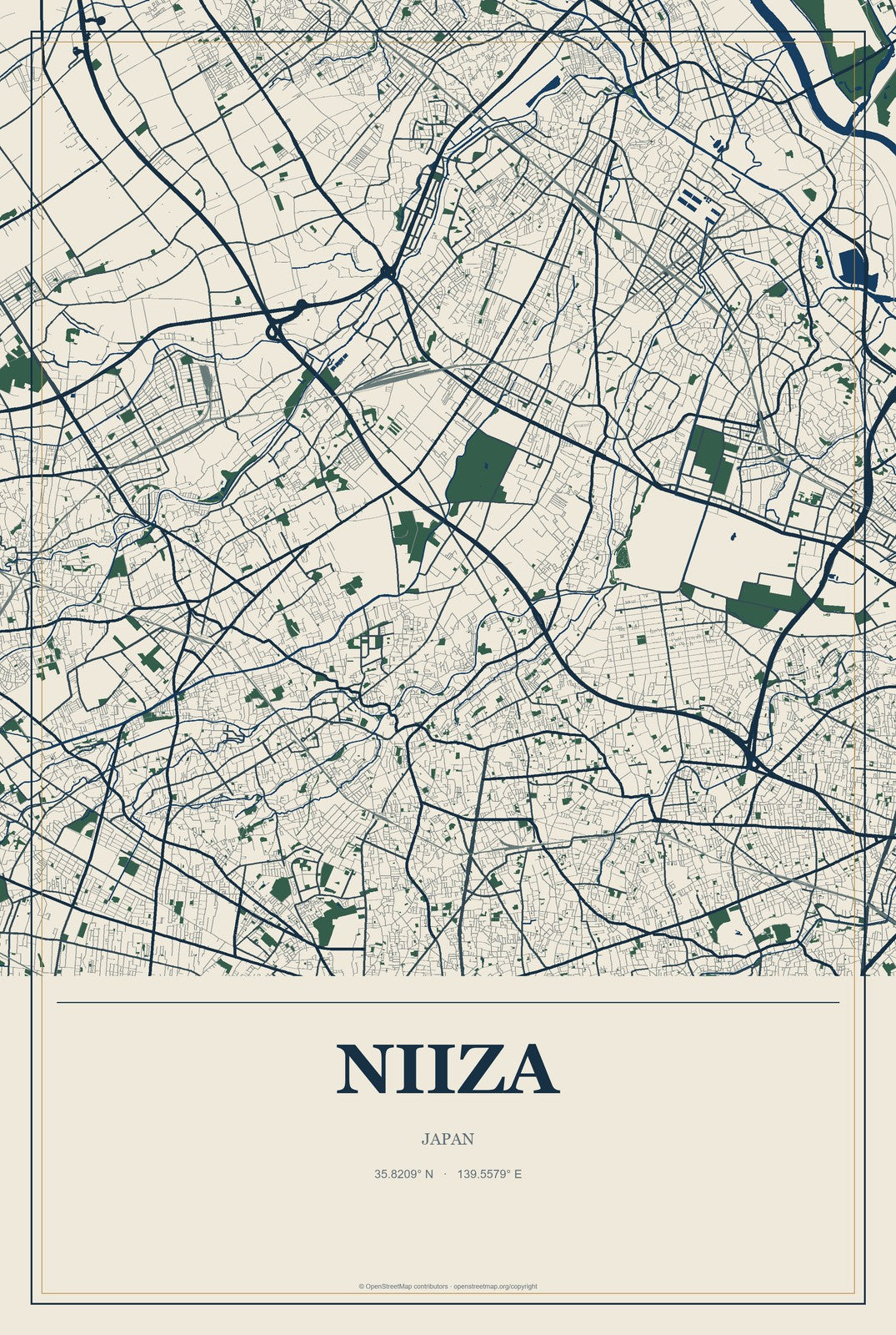 Niiza, Japan City Map Aluminum Sign in Coastal Cutout style