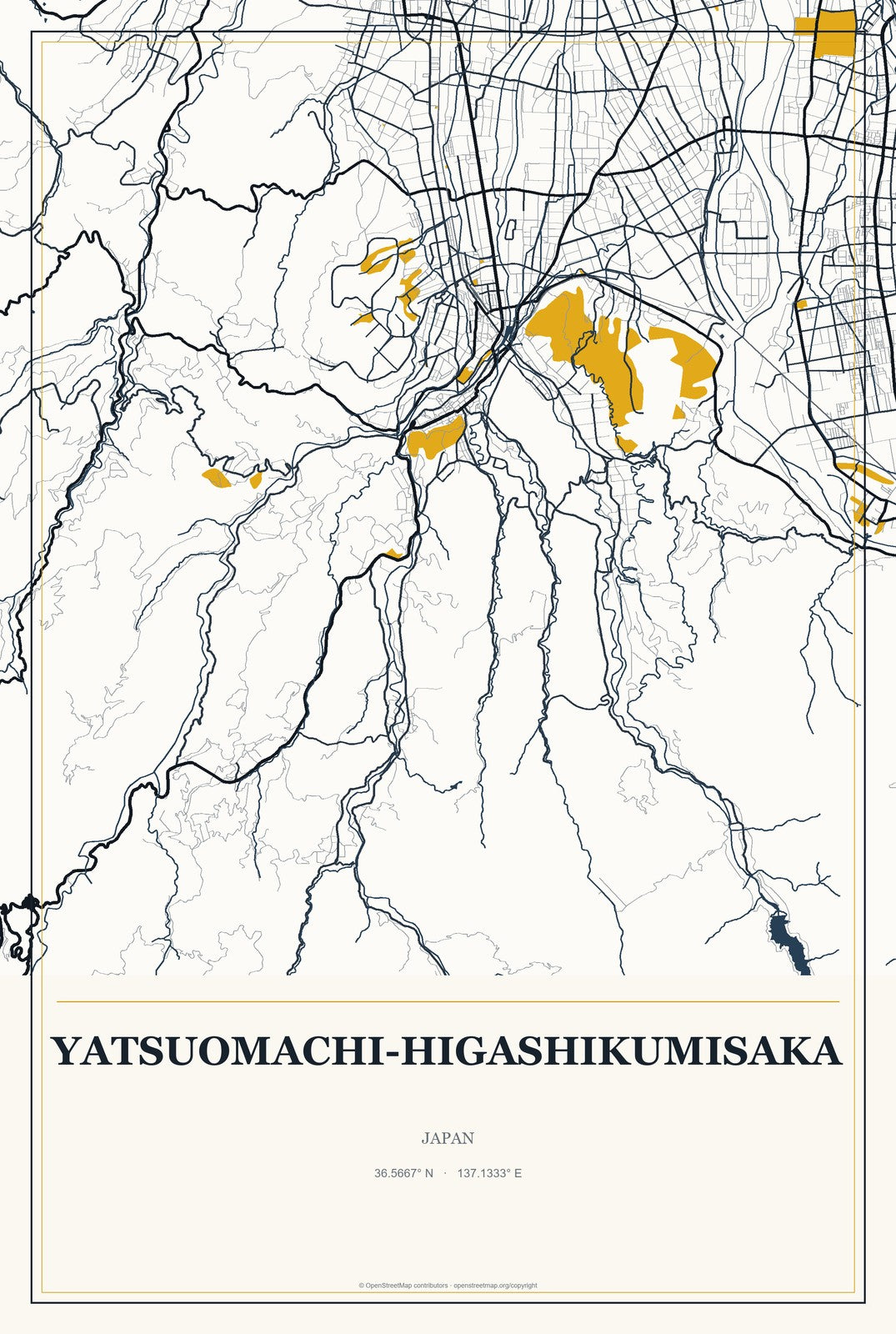 Yatsuomachi-higashikumisaka, Japan City Map Aluminum Sign in Citrine Modern style