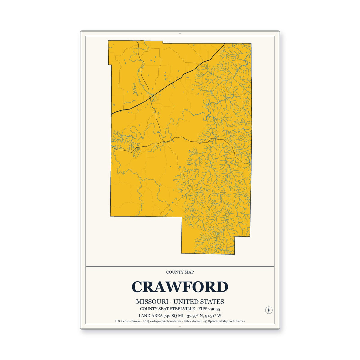 Crawford County, Missouri Map Aluminum Sign in Citrine Modern style