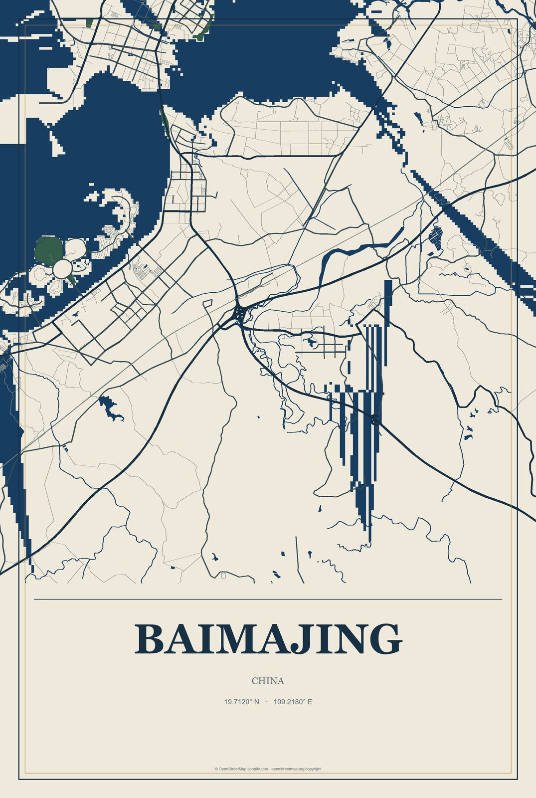 Baimajing, China City Map Aluminum Sign in Coastal Cutout style