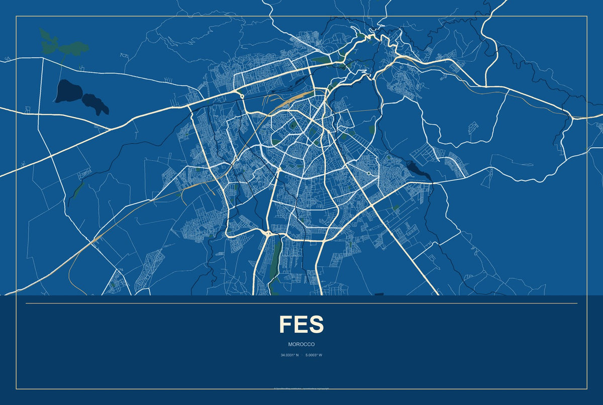 Fes, Morocco City Map Aluminum Sign in Harbor Cobalt style