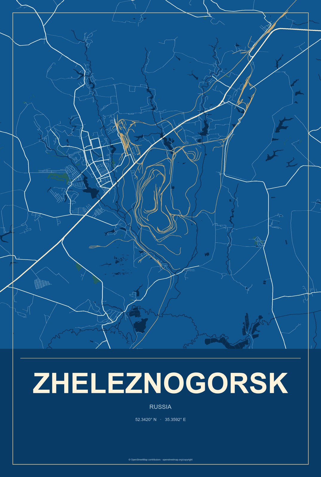Zheleznogorsk, Kursk Oblast, Russia City Map Aluminum Sign in Harbor Cobalt style