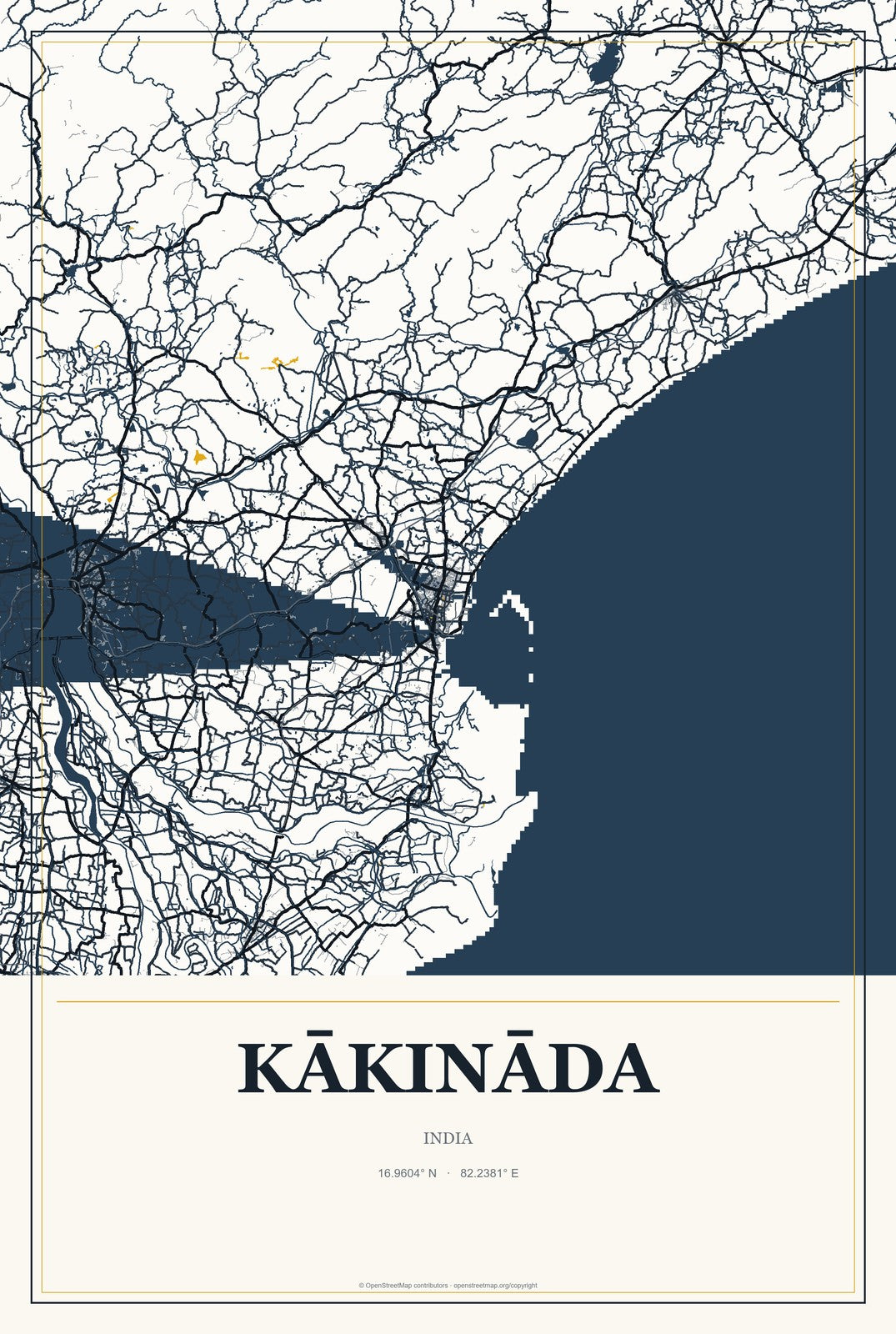 Kākināda, India City Map Aluminum Sign in Citrine Modern style