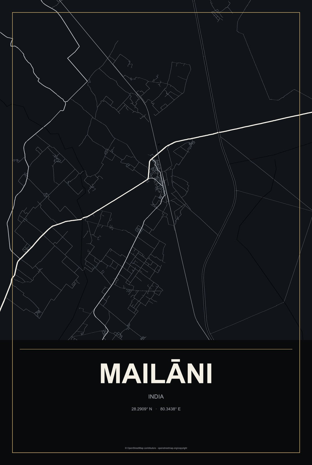 Mailāni, India City Map Aluminum Sign in Metropolitan Noir style