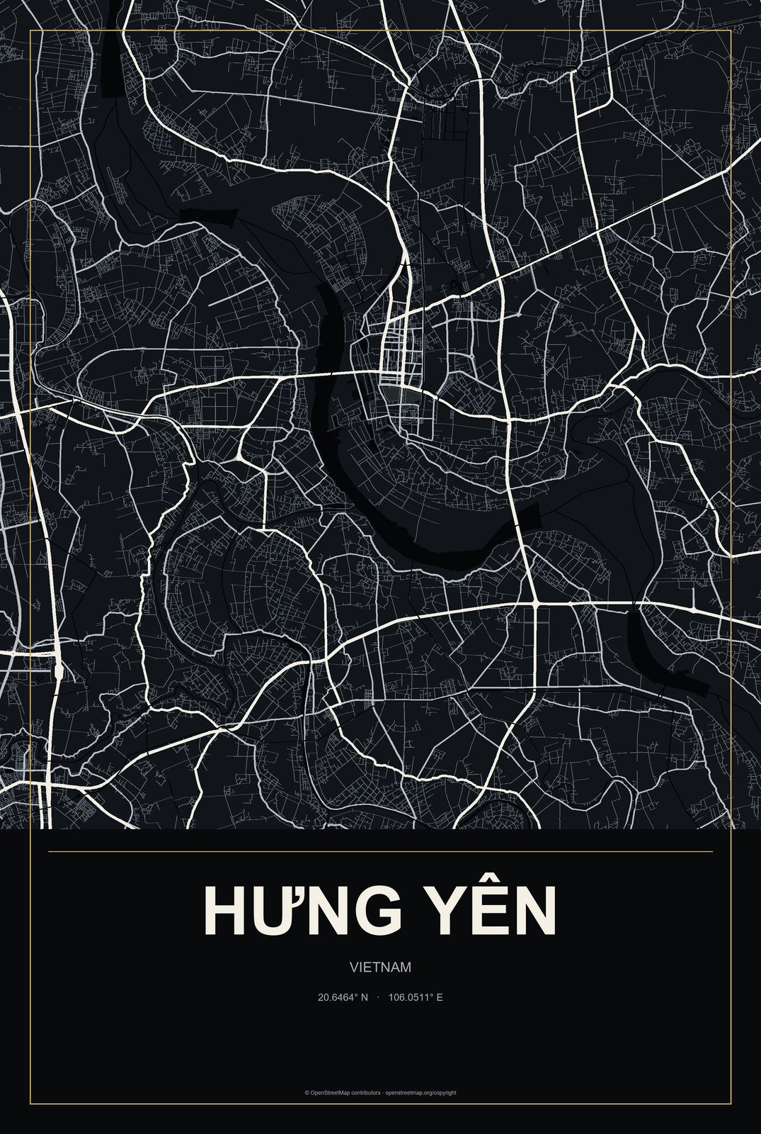 Hưng Yên, Vietnam City Map Aluminum Sign in Metropolitan Noir style