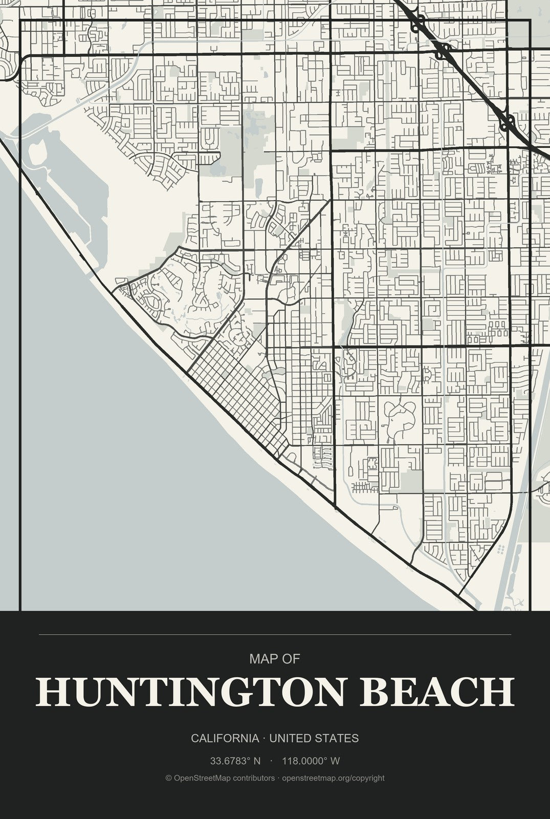 Huntington Beach, California City Map Aluminum Sign in Museum Plaque style
