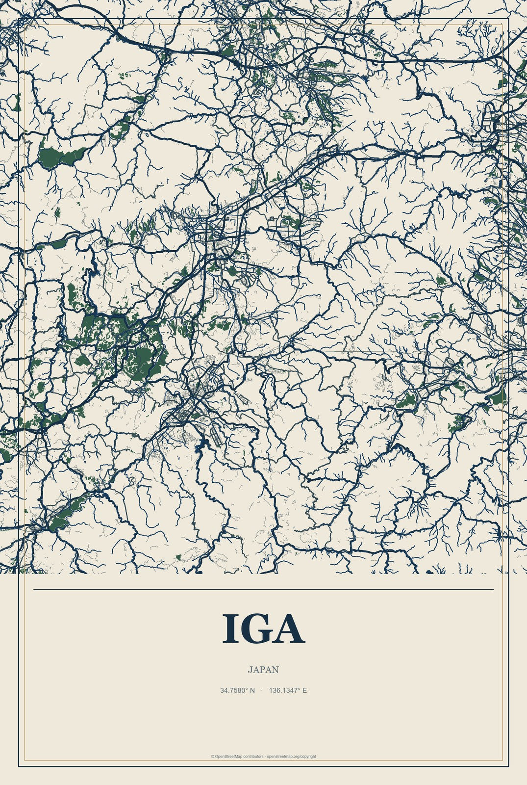 Iga, Japan City Map Aluminum Sign in Coastal Cutout style
