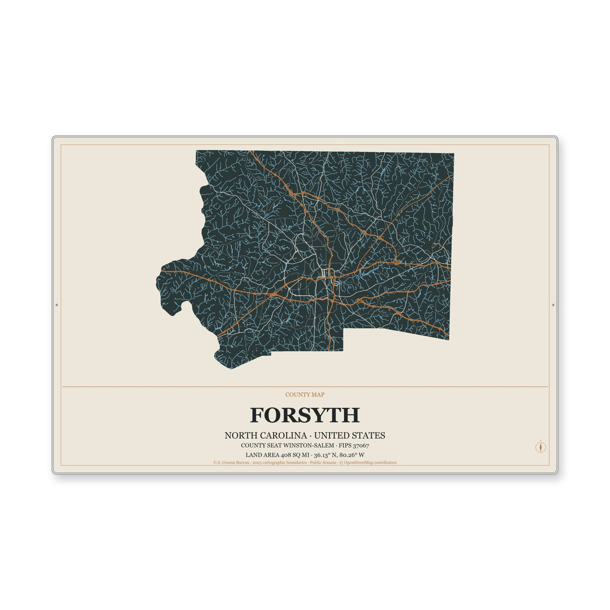 Forsyth County, North Carolina Map Aluminum Sign in Headline Atlas style