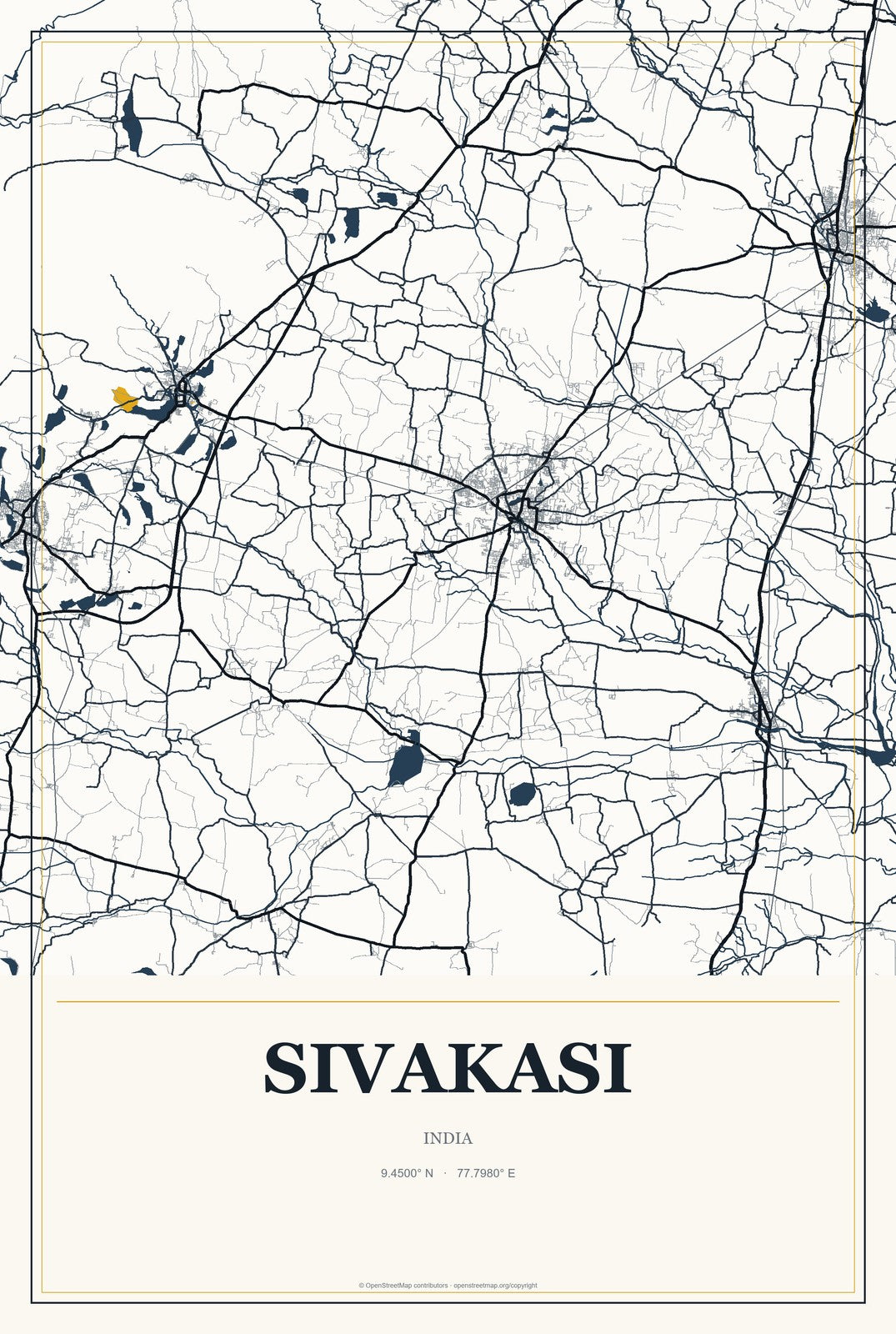 Sivakasi, India City Map Aluminum Sign in Citrine Modern style
