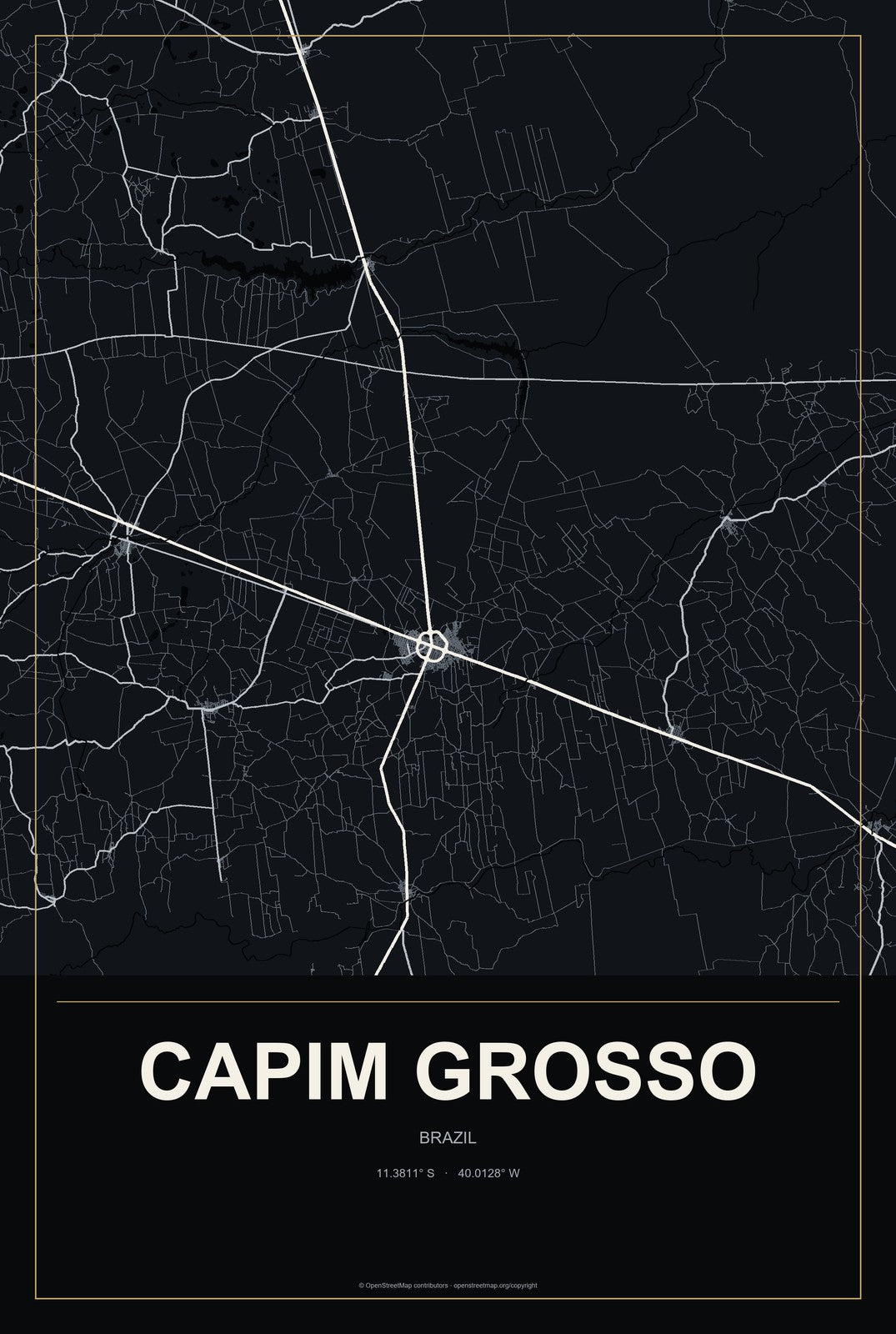 Capim Grosso, Brazil City Map Aluminum Sign in Metropolitan Noir style