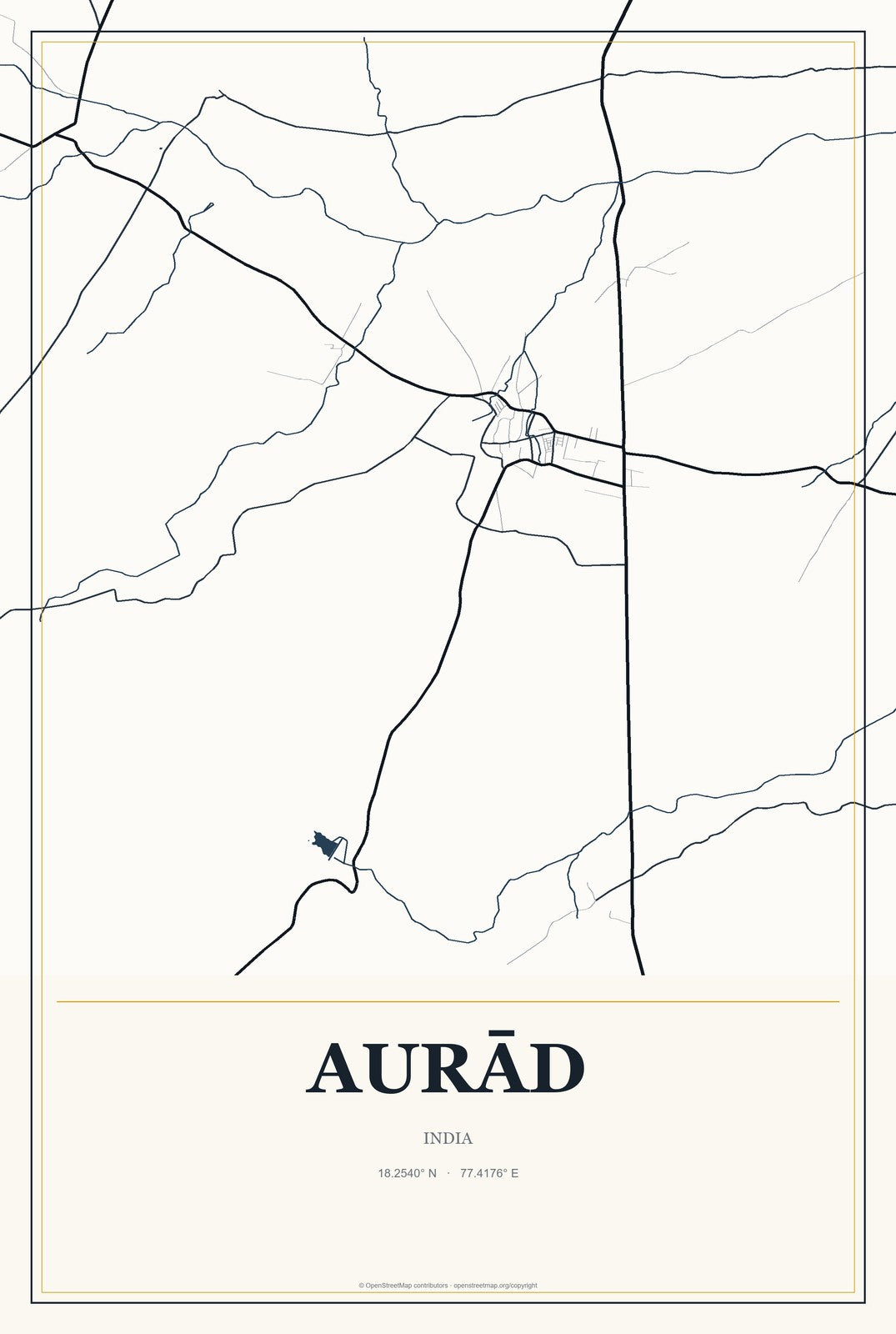 Aurād, India City Map Aluminum Sign in Citrine Modern style