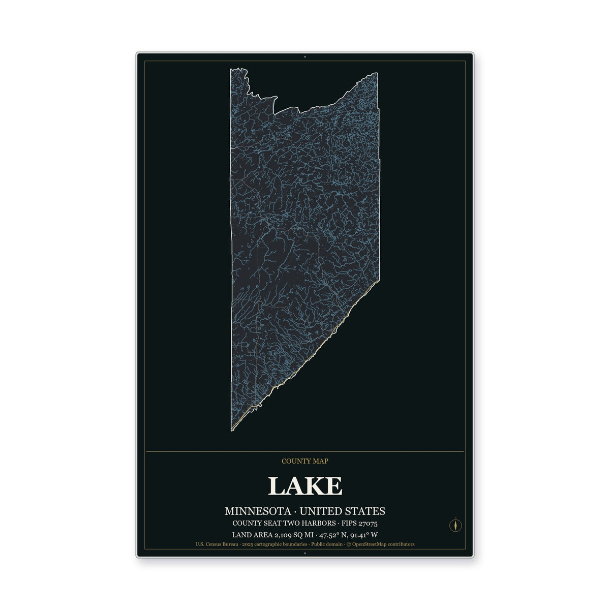 Lake County, Minnesota Map Aluminum Sign in Metropolitan Noir style