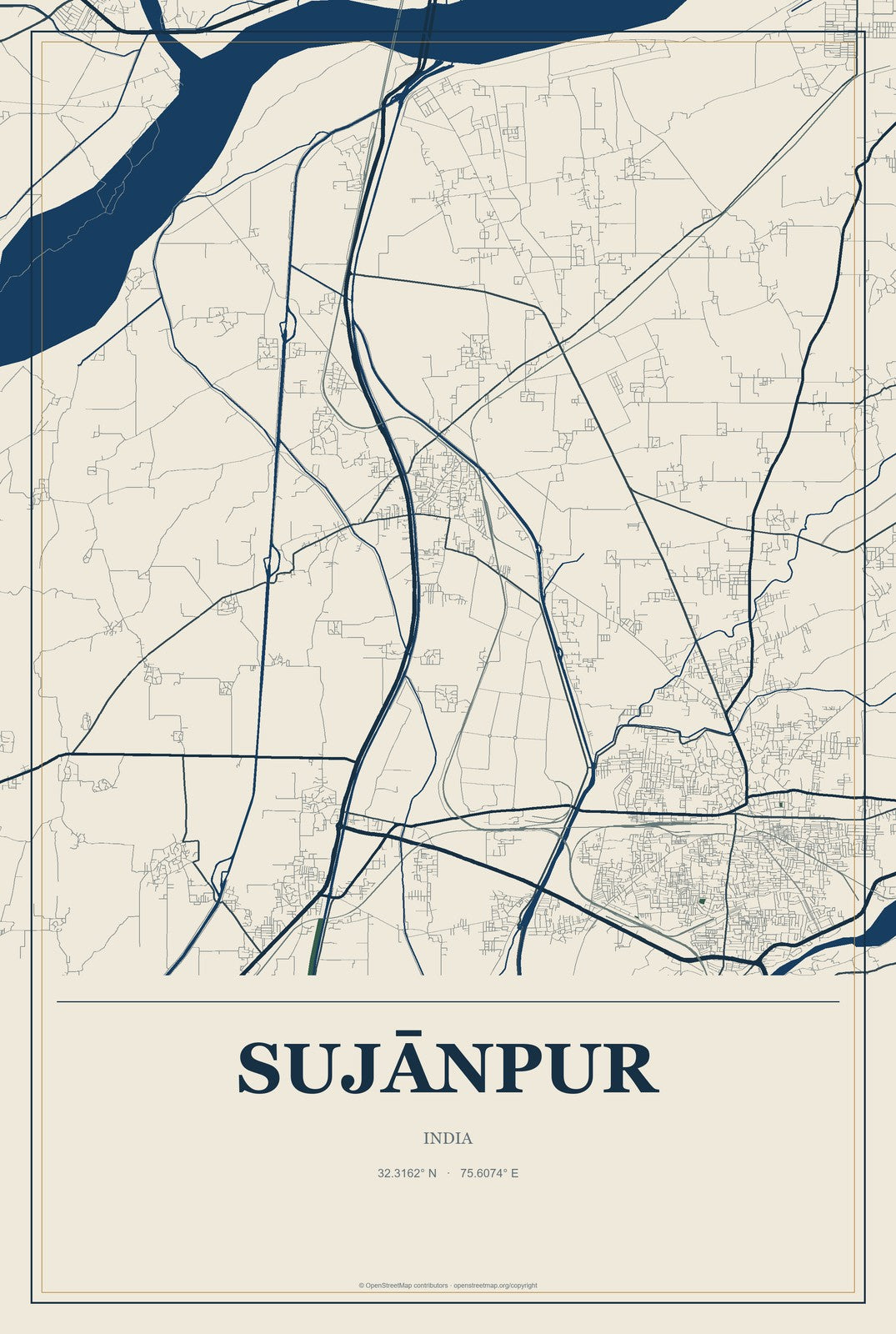 Sujānpur, India City Map Aluminum Sign in Coastal Cutout style