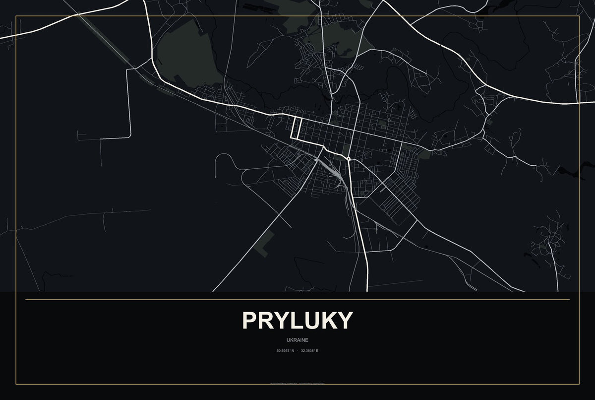 Pryluky, Ukraine City Map Aluminum Sign in Metropolitan Noir style