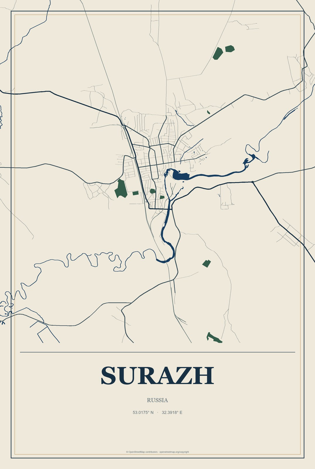 Surazh, Russia City Map Aluminum Sign in Coastal Cutout style