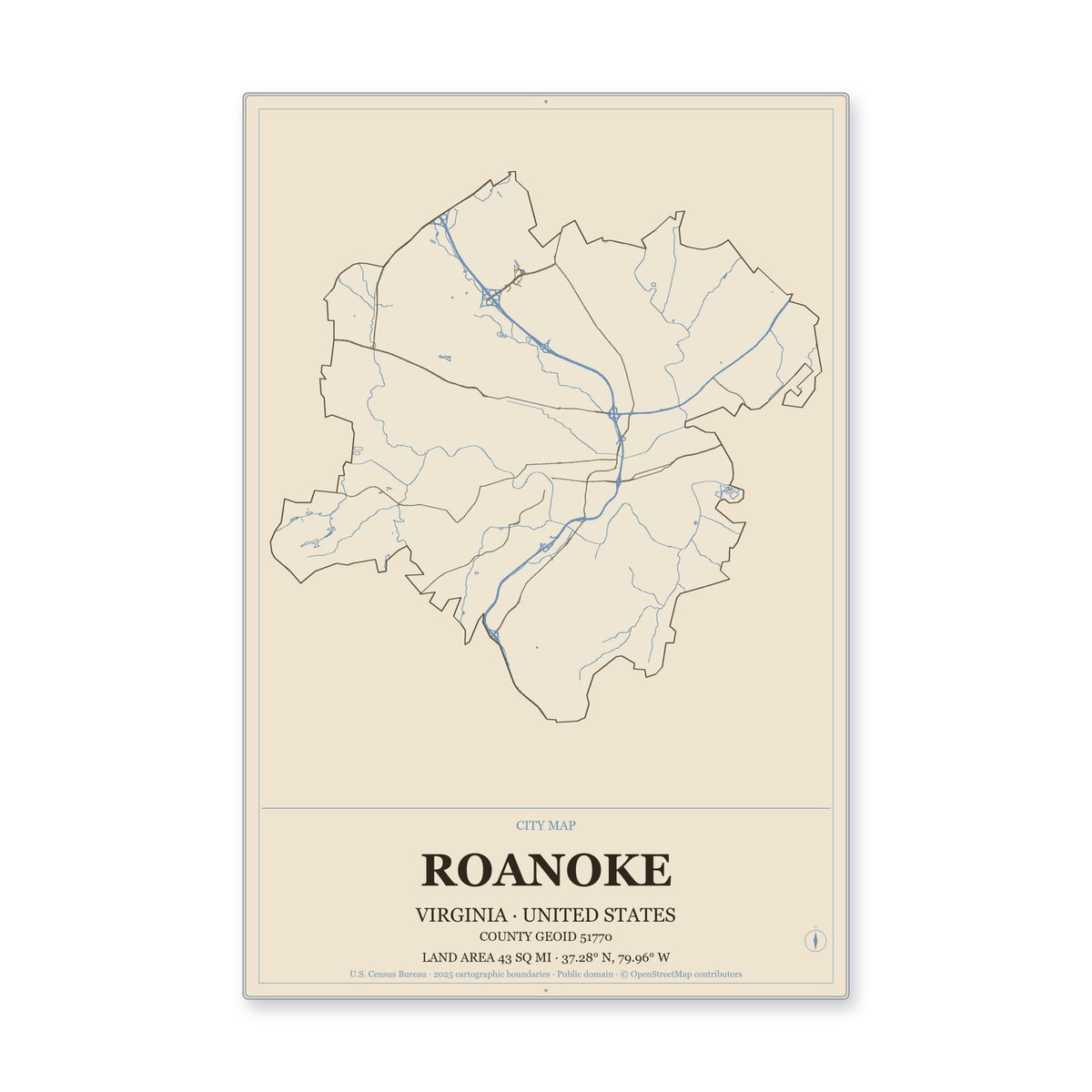 Roanoke city, Virginia Map Aluminum Sign in Heritage Nautical style