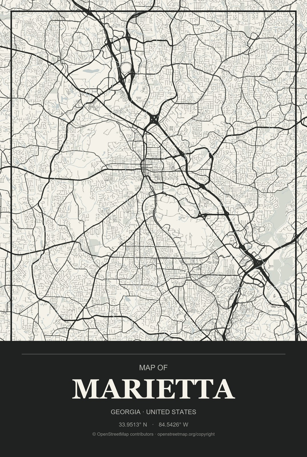Marietta, Georgia City Map Aluminum Sign in Museum Plaque style