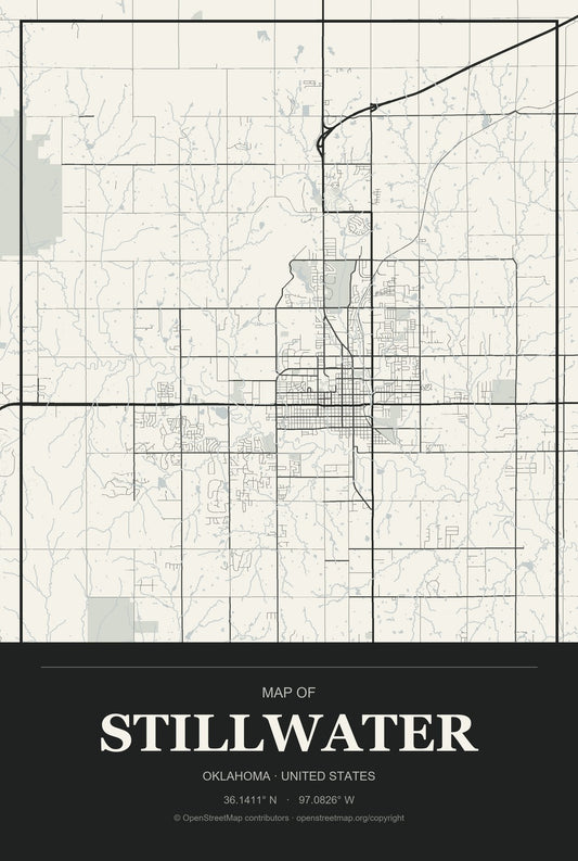 Stillwater, Oklahoma City Map Aluminum Sign in Museum Plaque style