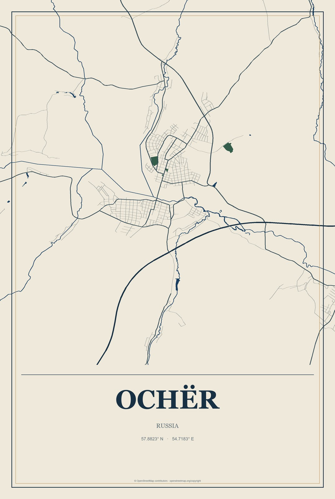 Ochër, Russia City Map Aluminum Sign in Coastal Cutout style