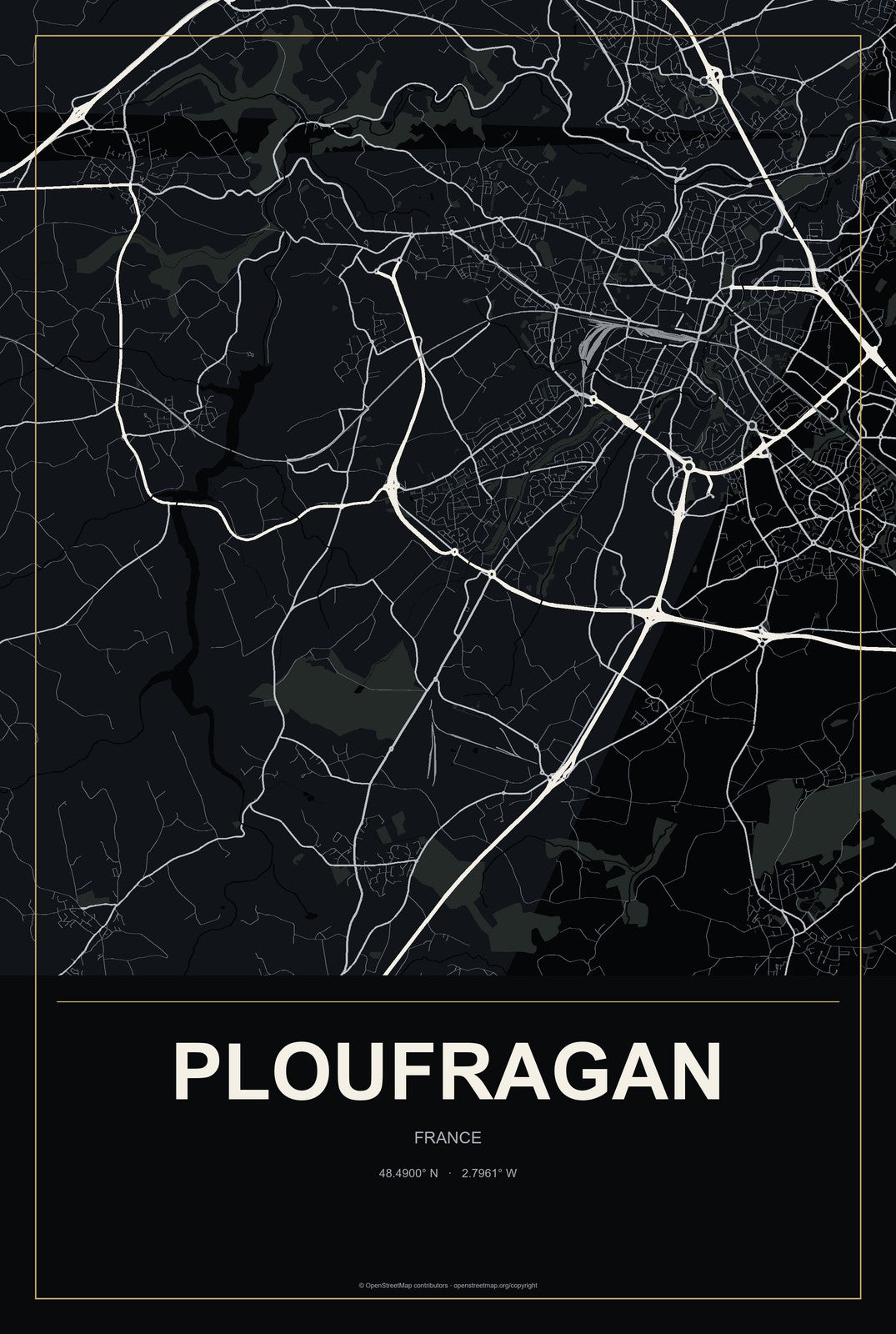 Ploufragan, France City Map Aluminum Sign in Metropolitan Noir style