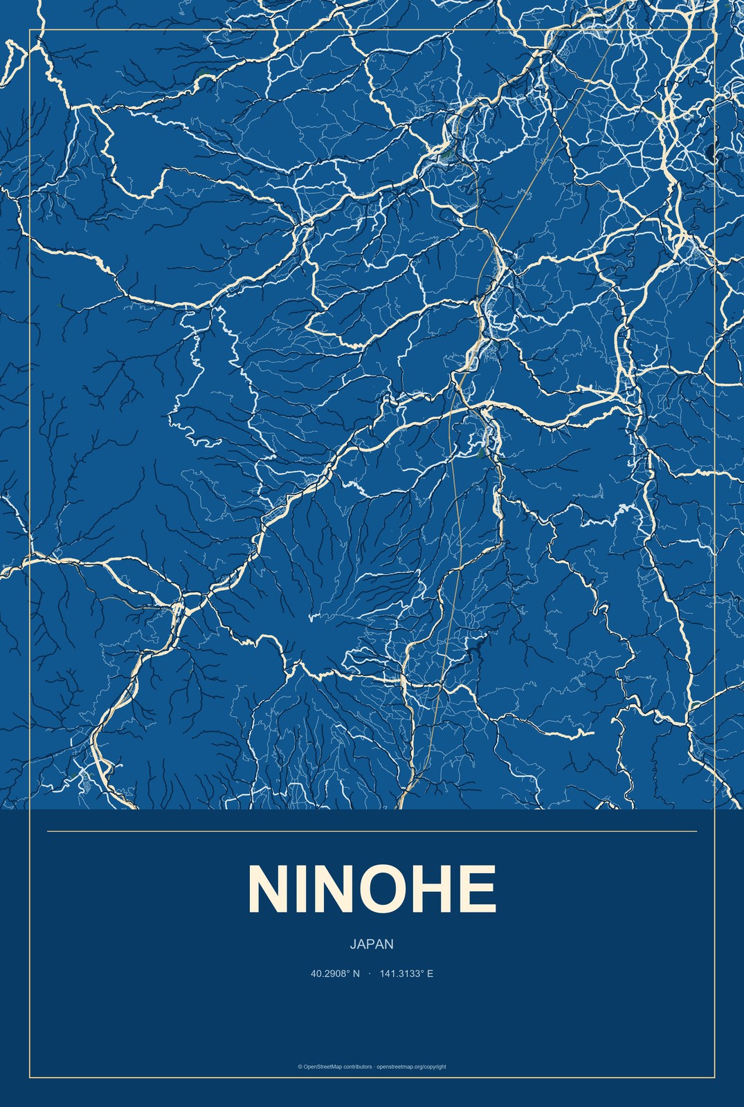 Ninohe, Japan City Map Aluminum Sign in Harbor Cobalt style