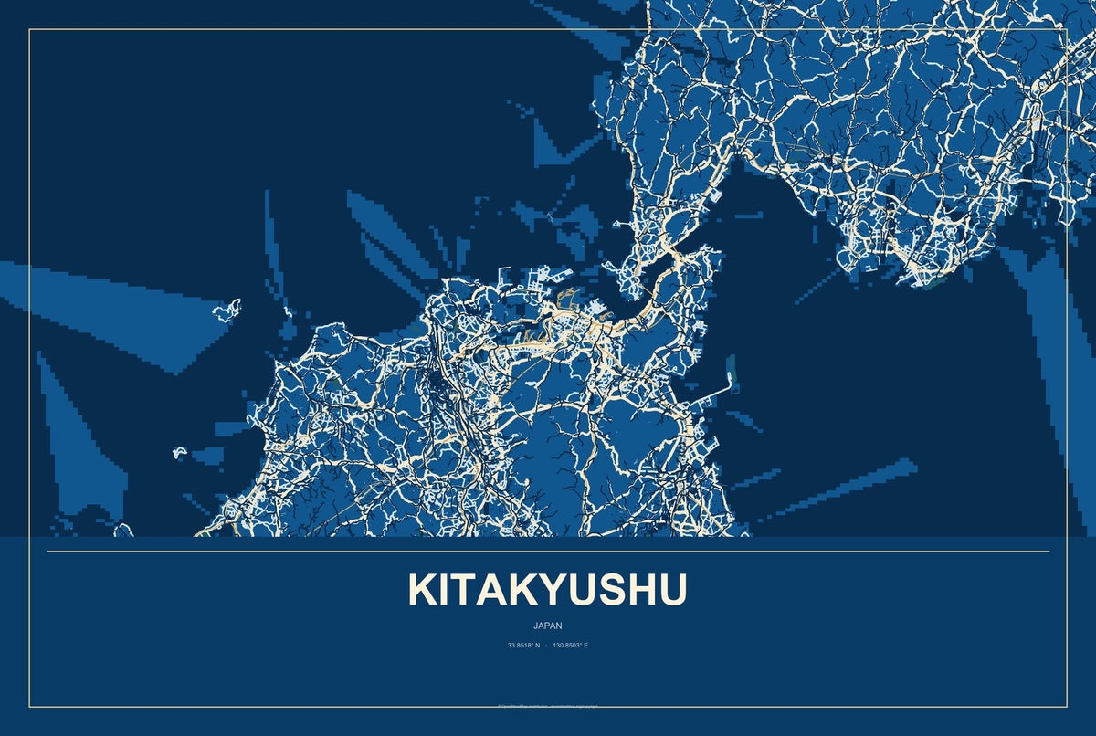Kitakyushu, Japan City Map Aluminum Sign in Harbor Cobalt style
