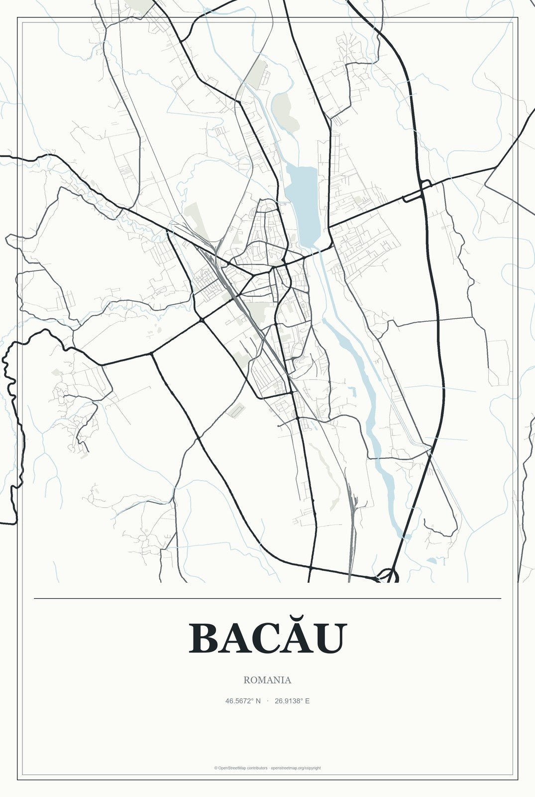 Bacău, Romania City Map Aluminum Sign in Gallery Air style