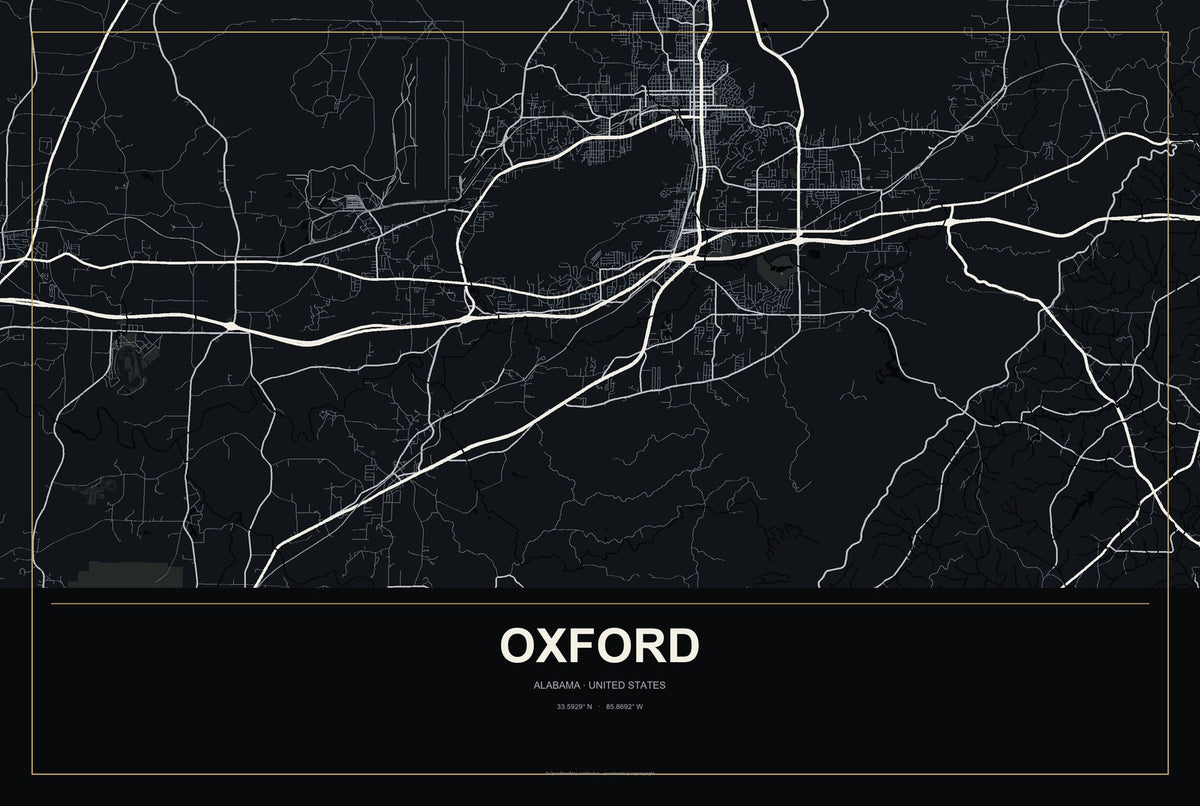 Oxford, Alabama City Map Aluminum Sign in Metropolitan Noir style