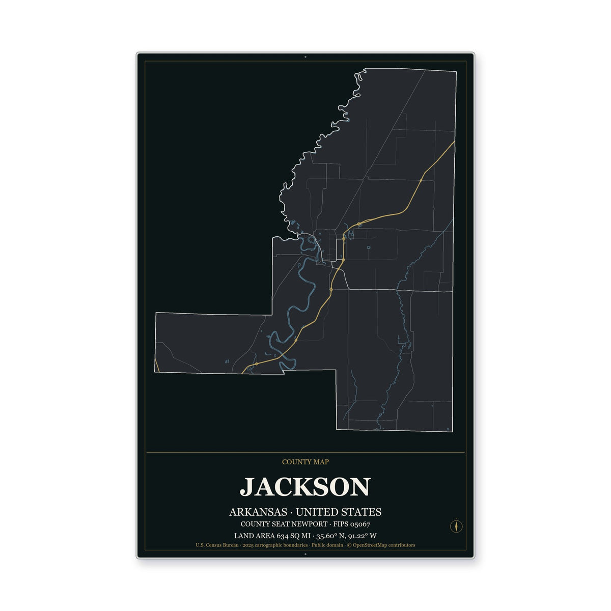 Jackson County, Arkansas Map Aluminum Sign in Metropolitan Noir style