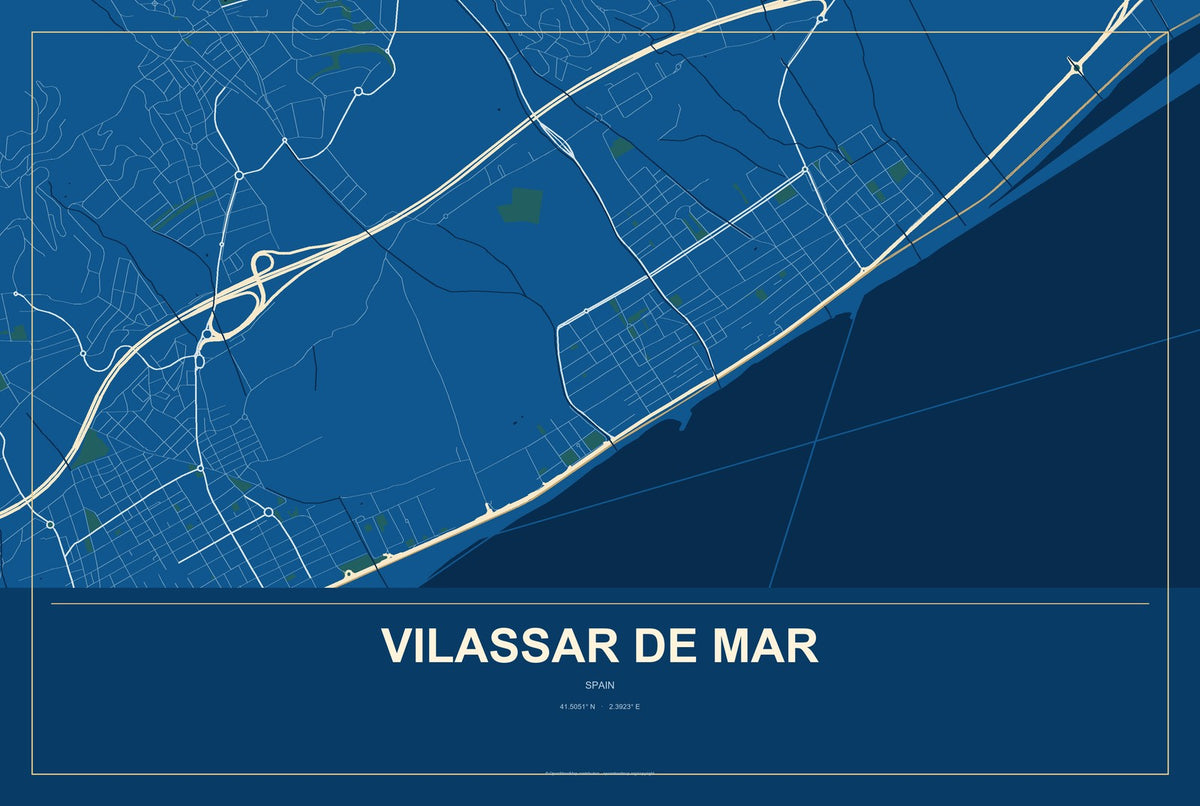 Vilassar de Mar, Spain City Map Aluminum Sign in Harbor Cobalt style