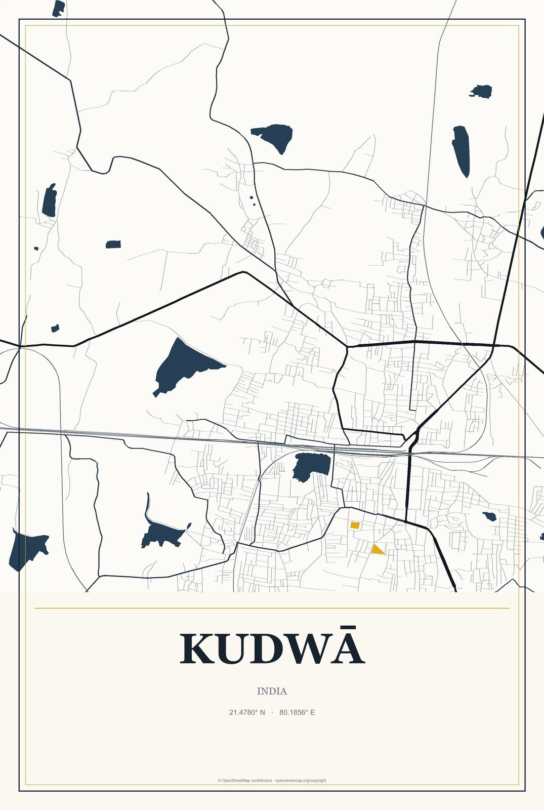 Kudwā, India City Map Aluminum Sign in Citrine Modern style