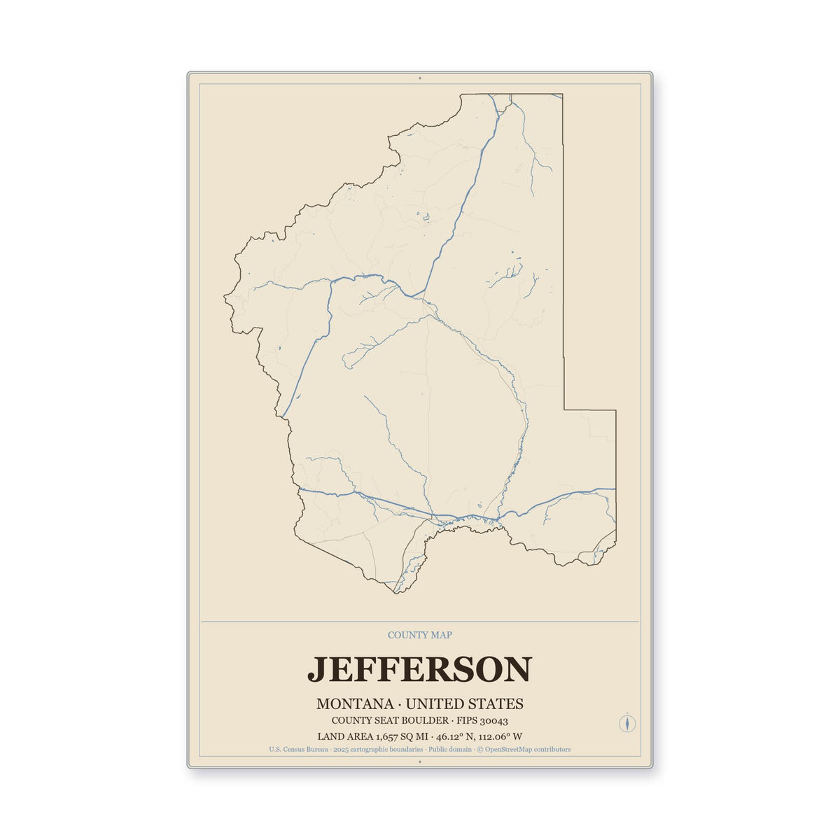 Jefferson County, Montana Map Aluminum Sign in Heritage Nautical style