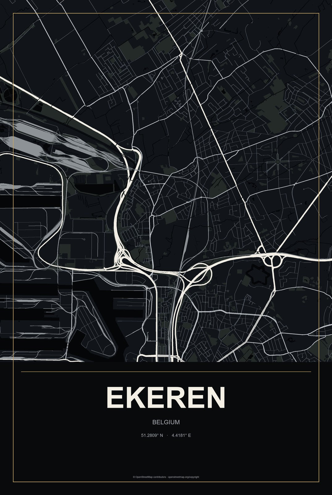 Ekeren, Belgium City Map Aluminum Sign in Metropolitan Noir style